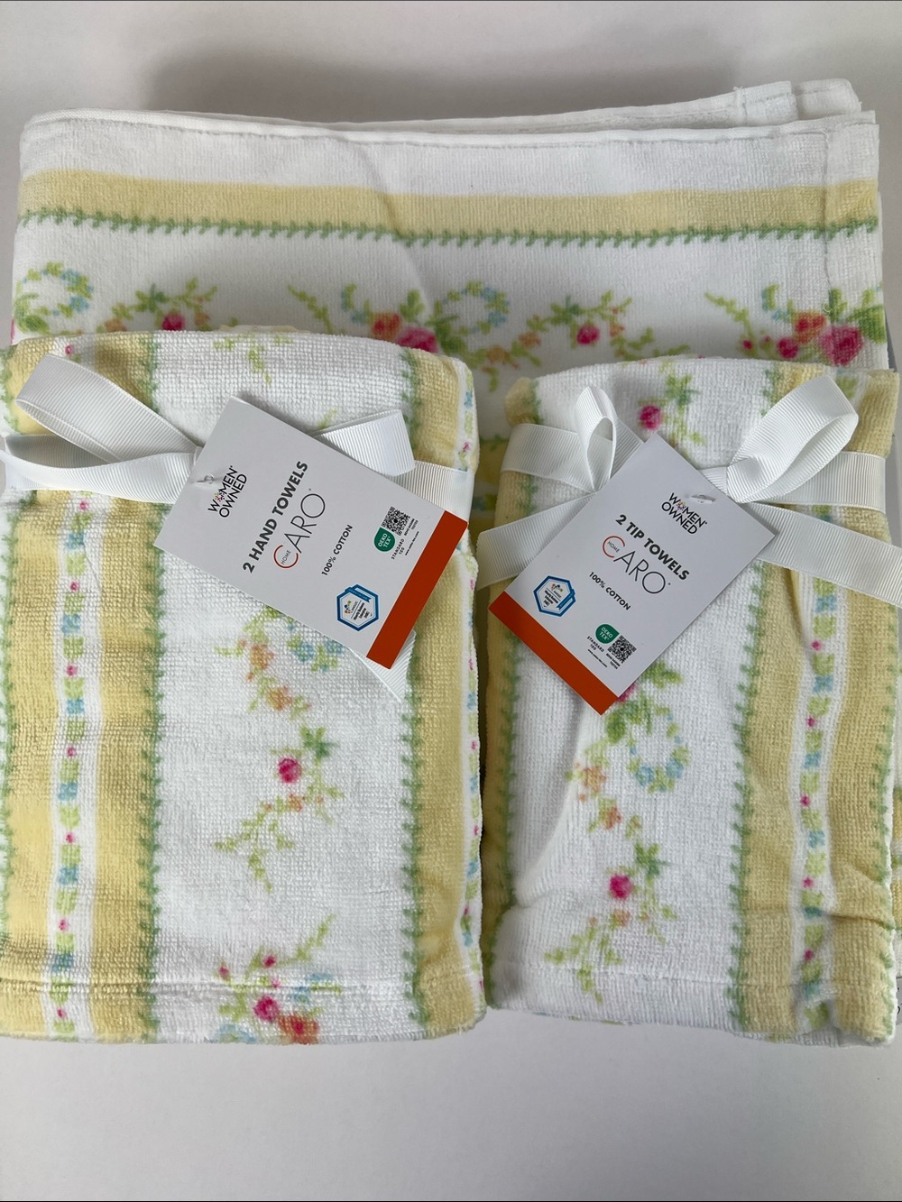 Caro Home Bath Towel Set Floral Yellow White Green Pink Velour Cotton 6 Pc NEW